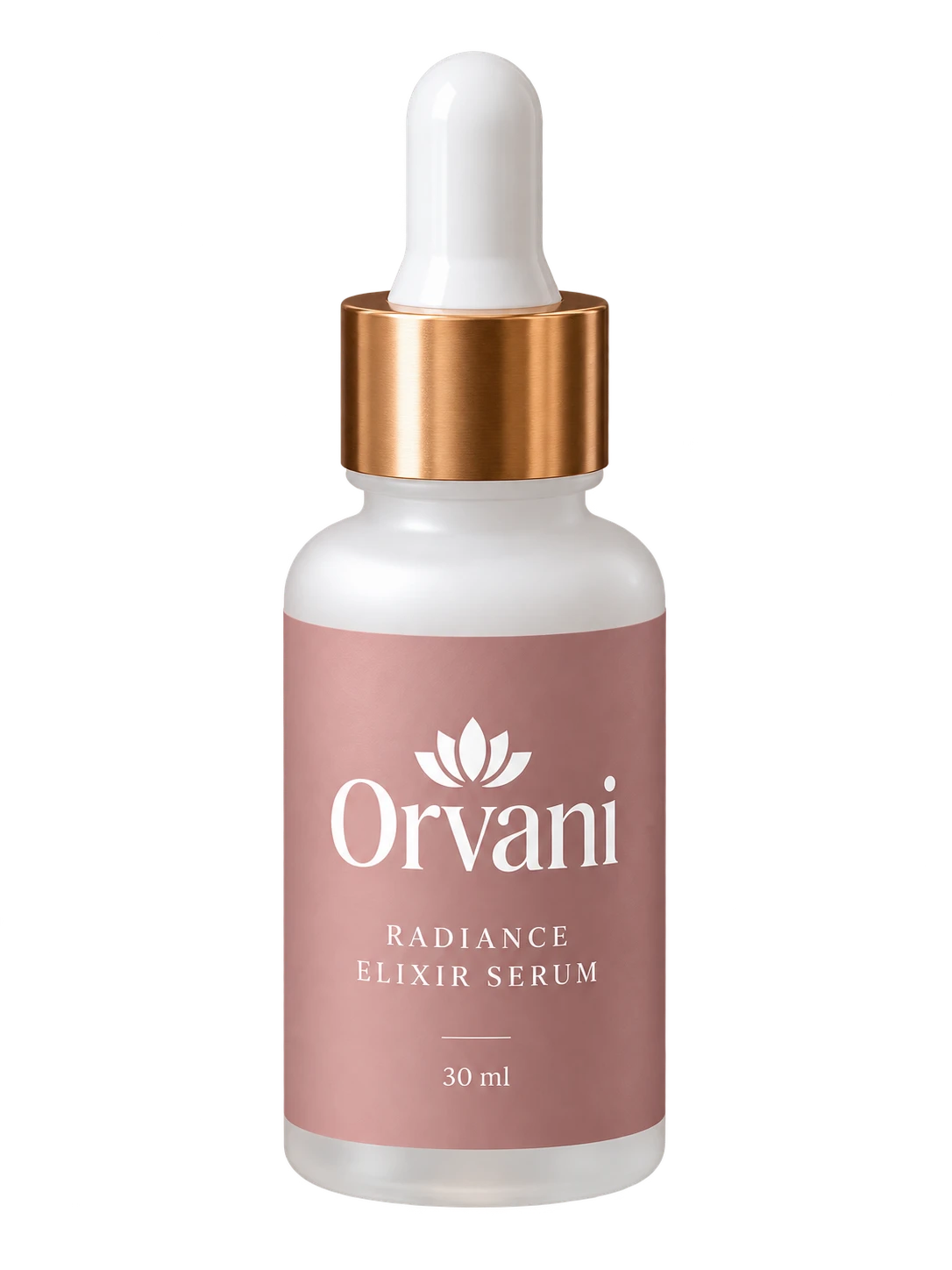 Orvani Radiance Elixir Serum with white glass, copper collar and new dusty rose label